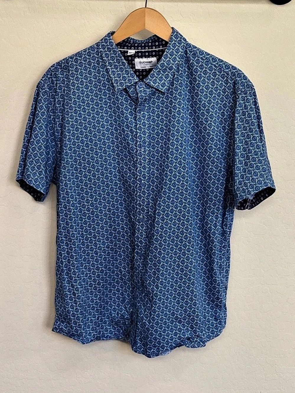 Duchamp London Men's XL Blue Geometric Medallion Short Sleeve Button Down Shirt